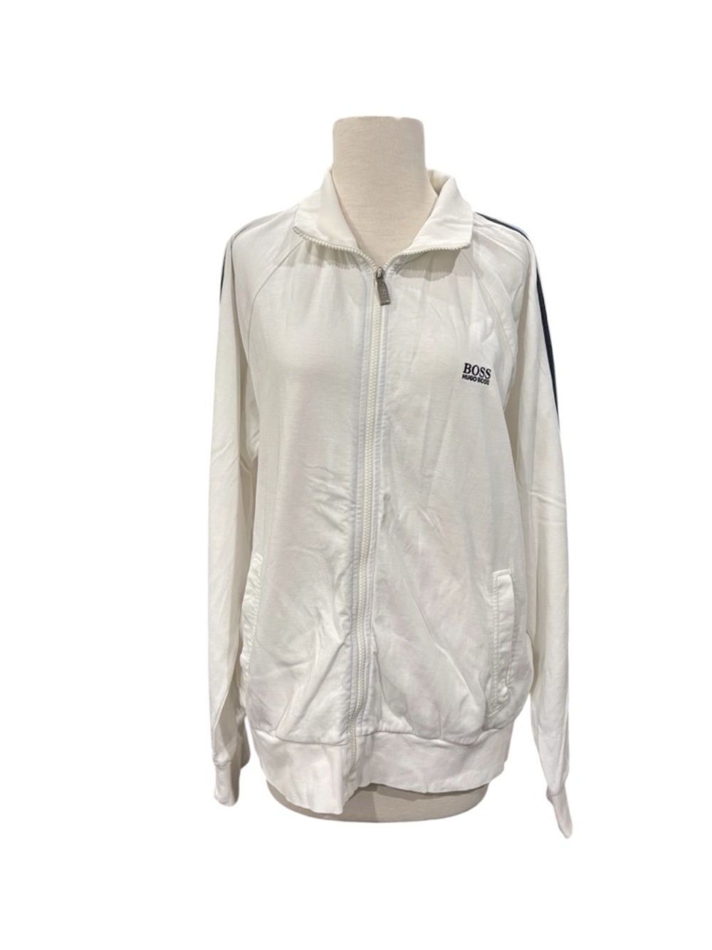 Hugo Boss White Zip-Front Bomber Jacket with Navy Shoulder Stripes